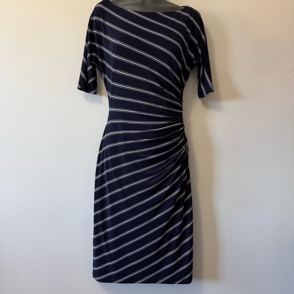 Ralph Lauren Navy Midi Dress with White Stripes Size 2